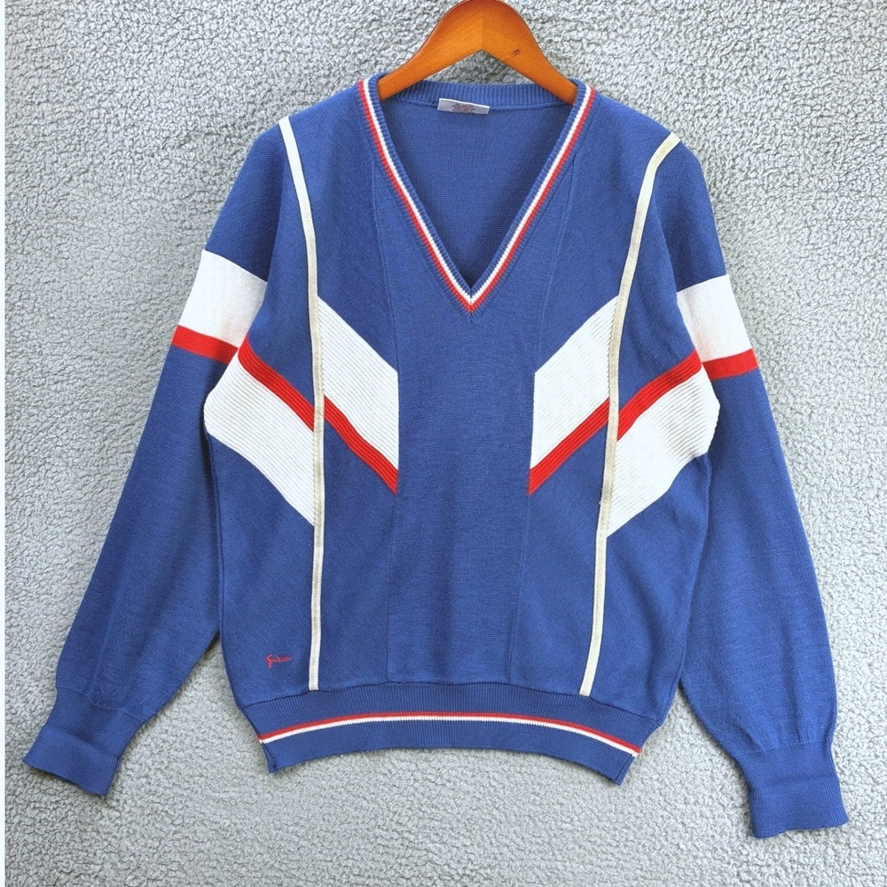 Gabicci V Neck Chevron Long Sleeve Sweater Mens L Blue Vintage Italy Mod Retro